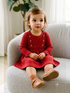 Crimson Red Girls Ribbed Dress Long Sleeve Ruffle Waist Holiday Photo Outfit